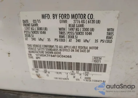 2015 Ford Explorer Limited из США, поврежденный, VIN 1FM5K7F84FGC04365